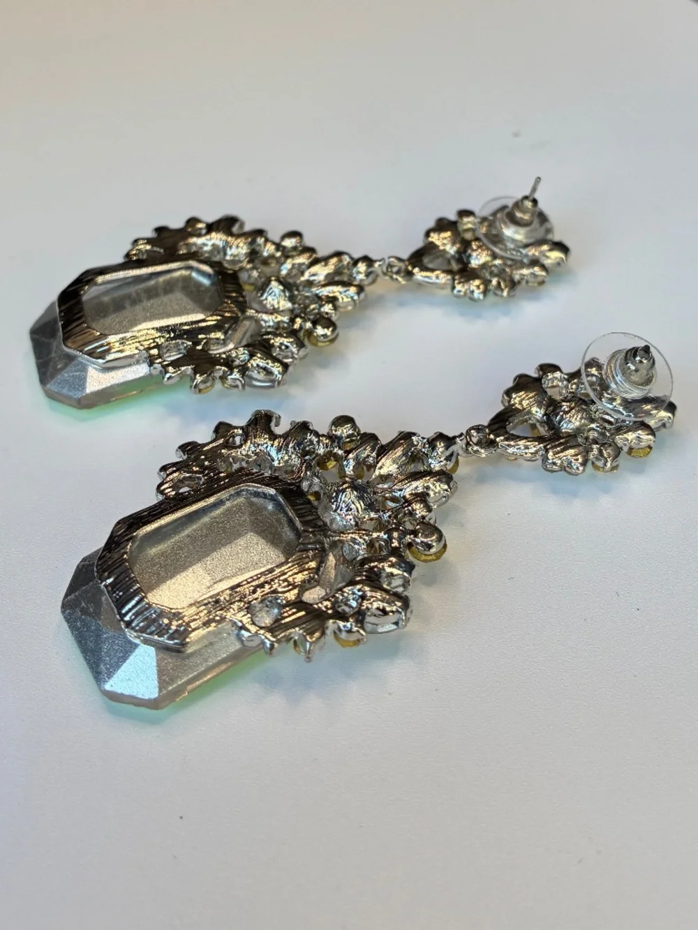 Large Rectangular Iridescent Silver-Tone Rhinestone Earrings - Picture 5 of 7
